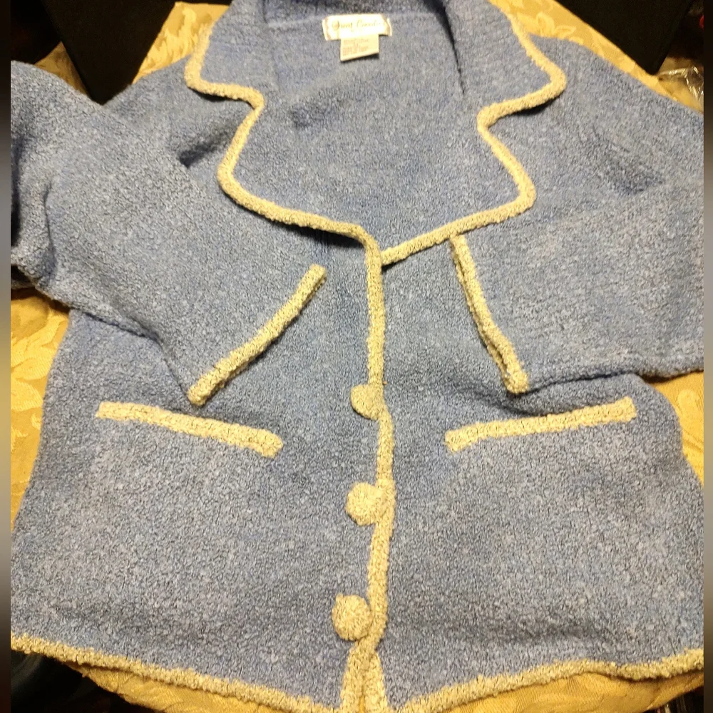 🔹🪻🔹Divine Vtg French Blue Periwinkle & Cream Plush Boucle Sweater Blazer - M - Picture 7 of 14